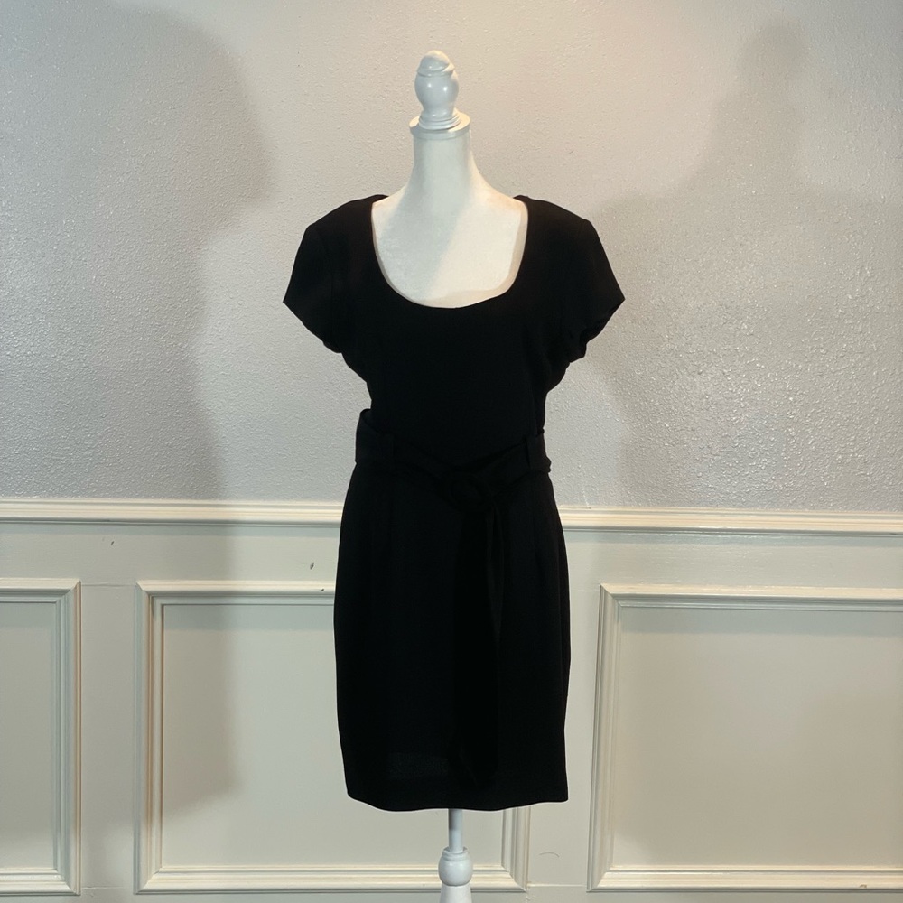 Nicole Miller black scoop neck belted cocktail dress